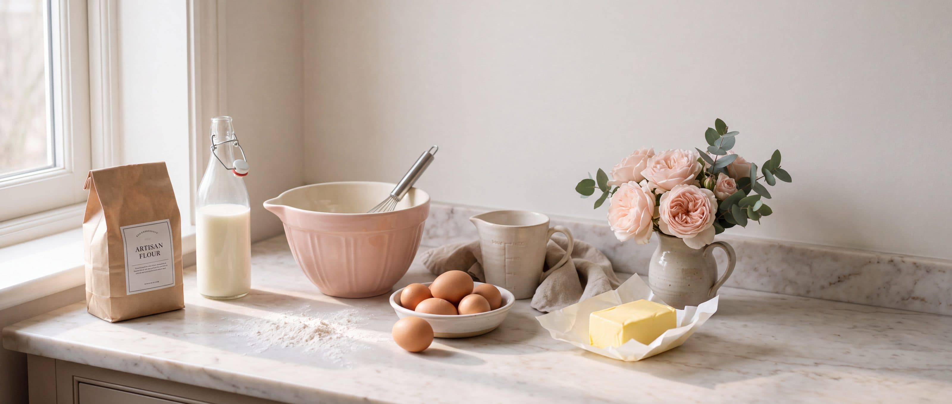 Flour, milk, eggs and butter laid out on a marble worktop by a window