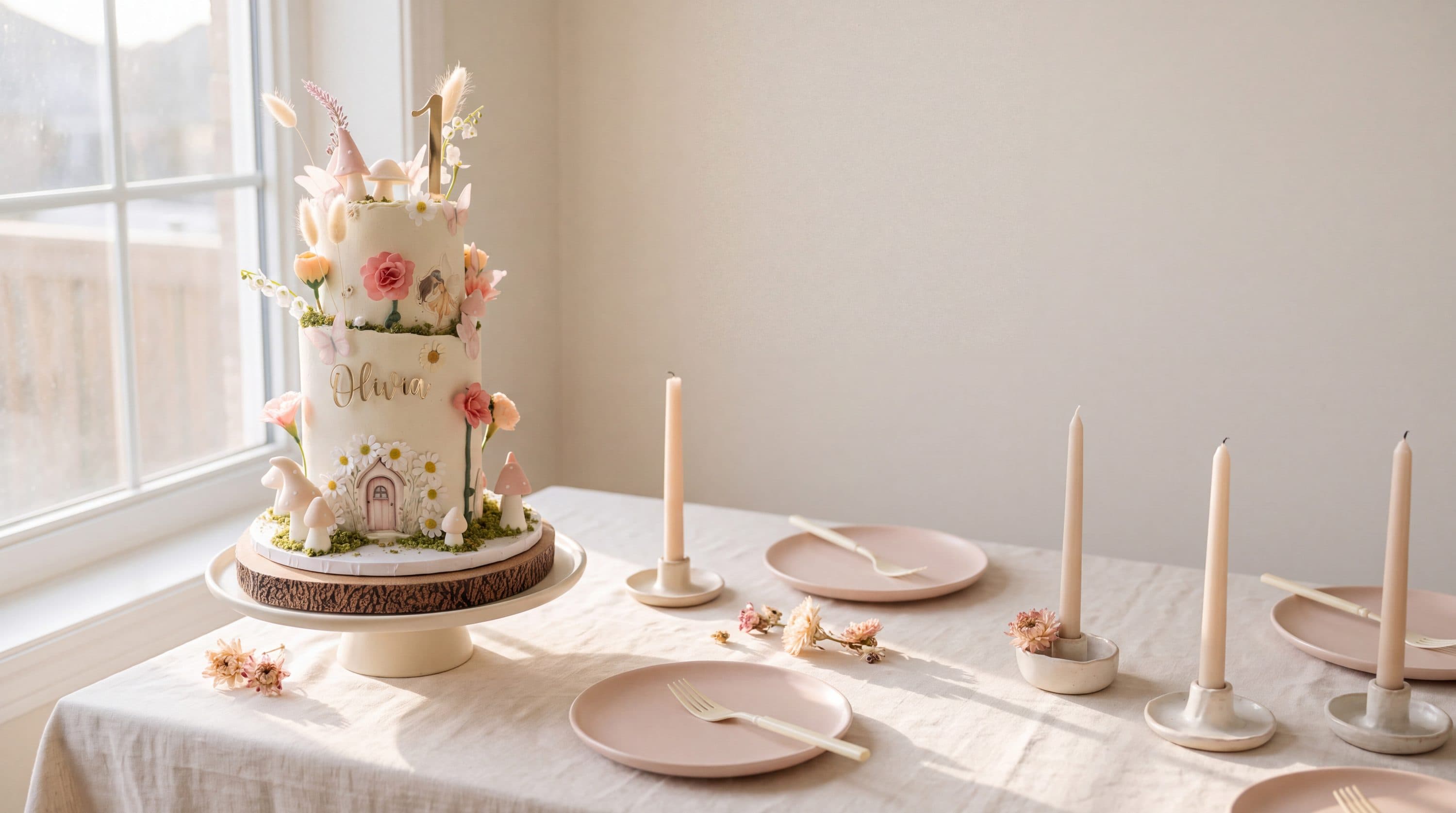 Celebration table laid with a tall cake, candles and blush plates