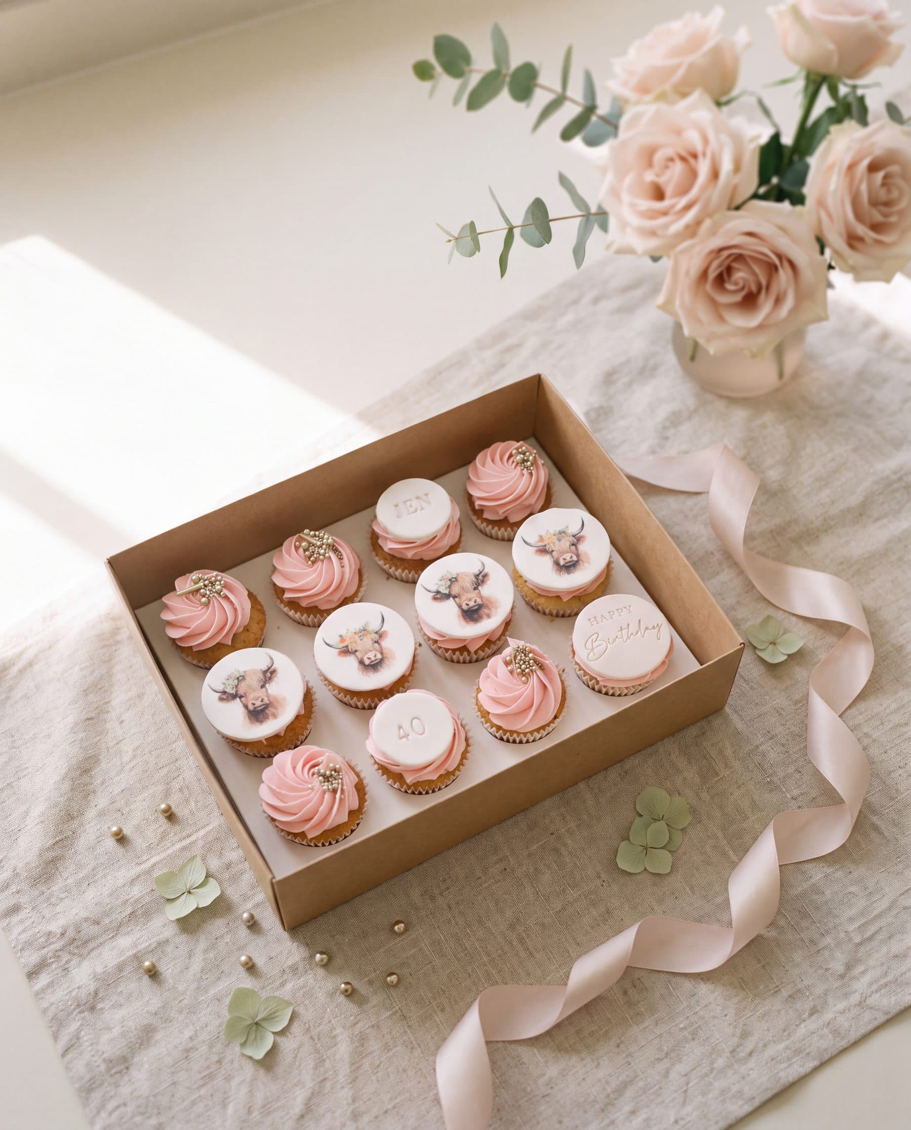 Box of pink cupcakes on linen with roses and ribbon
