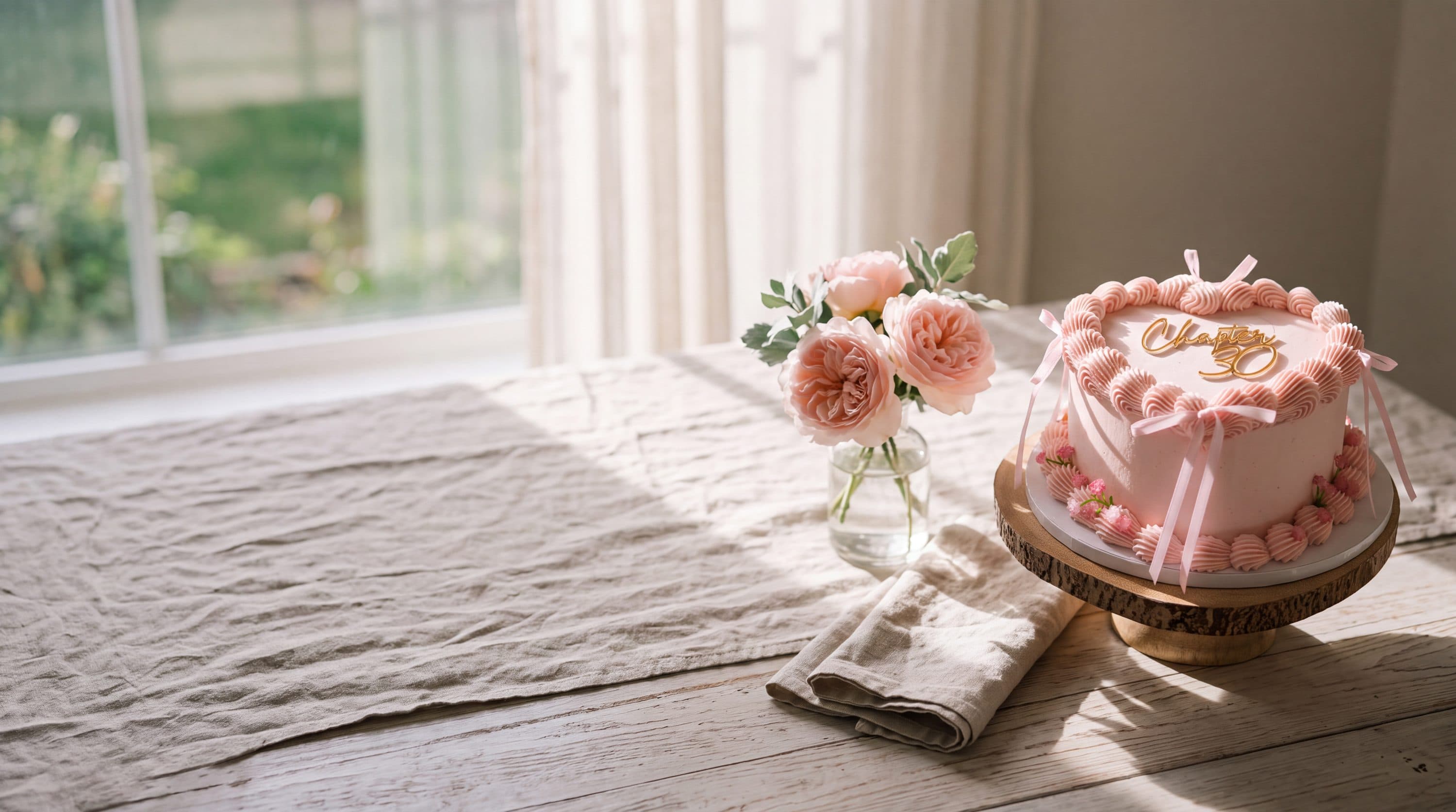 Pink heart cake on a cake stand by a window, with roses and linen