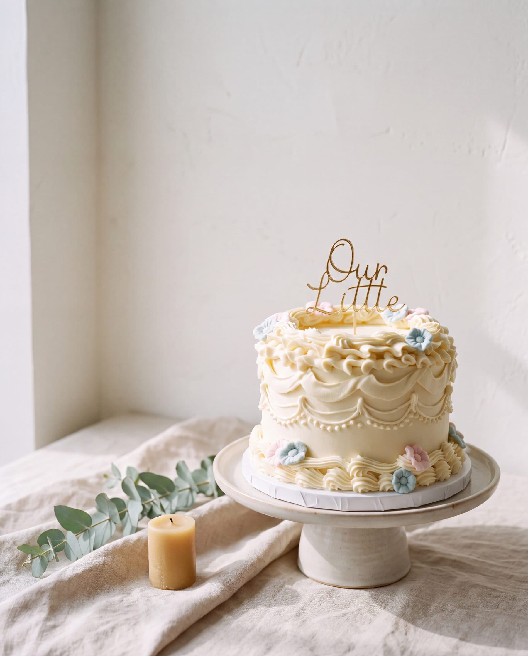 Ivory Lambeth cake on a stand with eucalyptus and a lit candle